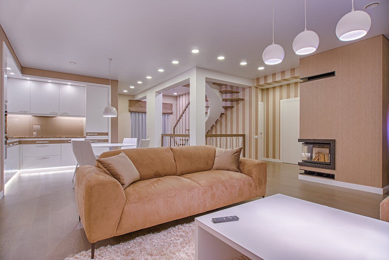 a picture of a smart home with well lite living-room